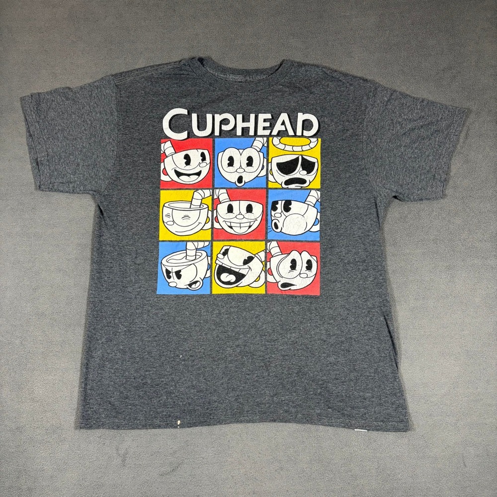 Cuphead Graphic T-Shirt Mens Large Gray Grid Character Print Short Sleeve